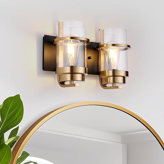 Bathroom Vanity Light Fixtures, Black Gold Vanity Lights for Bathroom 2 Lights,Gold Brushed Wall Sconce(Bulbs not Included)-Ruum Studio Home