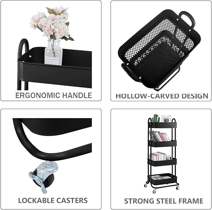 4-Tier Metal Mesh Utility Rolling Cart Storage Organizer Shelf Rack with Lockable Wheels for Living Room Kitchen Office, Black-Ruum Studio Home