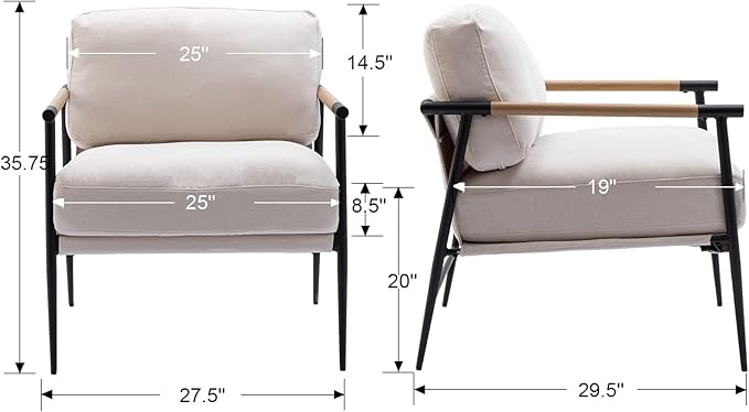 Mid-Century Accent Chair Set of 2, Soft Armchair Chenille Fabric Lounge Chair with Black Metal Legs, Upholstered Leisure Chair for Living Room Bedroom Reception Room, Beige-Ruum Studio Home