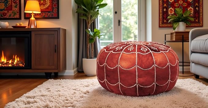 Stuffed Arch Design Moroccan Leather Pouf Ottoman, Handmade, Pre-Filled, 100% Genuine Leather, 14” Height x 22” Diameter – Boho Chic Footstool & Living Room Décor (Honey Cognac)-Ruum Studio Home