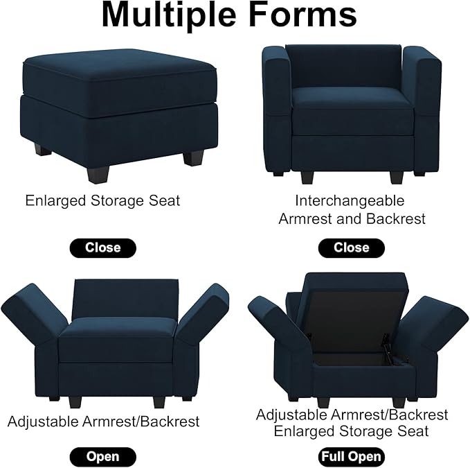 Belffin Modular Sectional Arm Accent Chair with Storage Seat Velvet Armchair Single Sofa Club Chair Blue-Ruum Studio Home