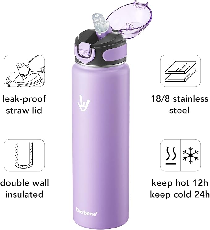 Enerbone 32 oz Insulated Water Bottle, Stainless Steel Bottle with Carrying Strap, Double-Wall Vacuum Insulation Design, Leakproof Sports Bottle with Straw, Keep Drinks Cold or Hot for Hours-Ruum Studio Home