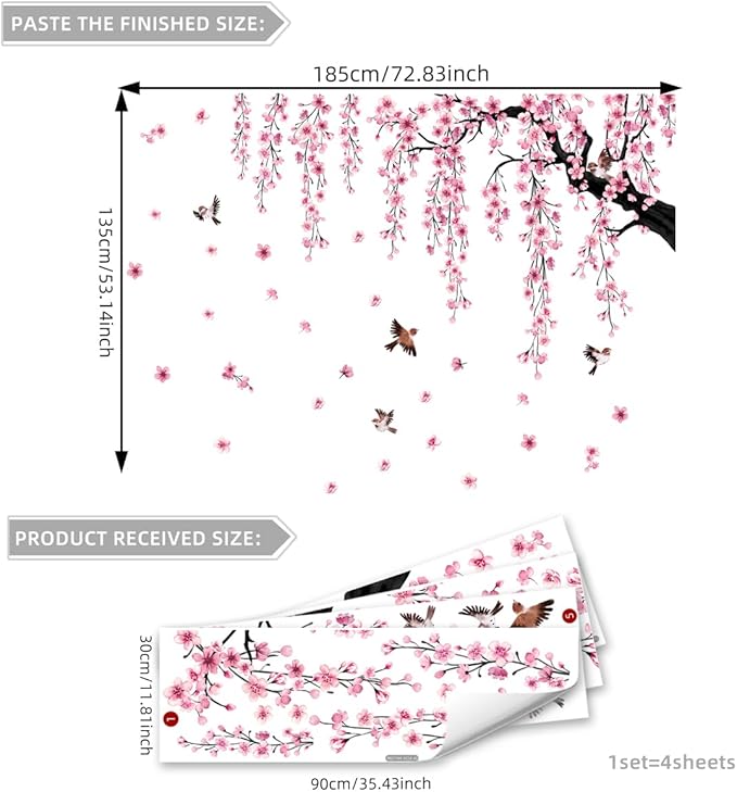 Runtoo Large Cherry Blossom Tree Wall Decals Peel and Stick Pink Floral Wall Art Stickers for Living Room Bedroom Nursery Flower Decor-Ruum Studio Home