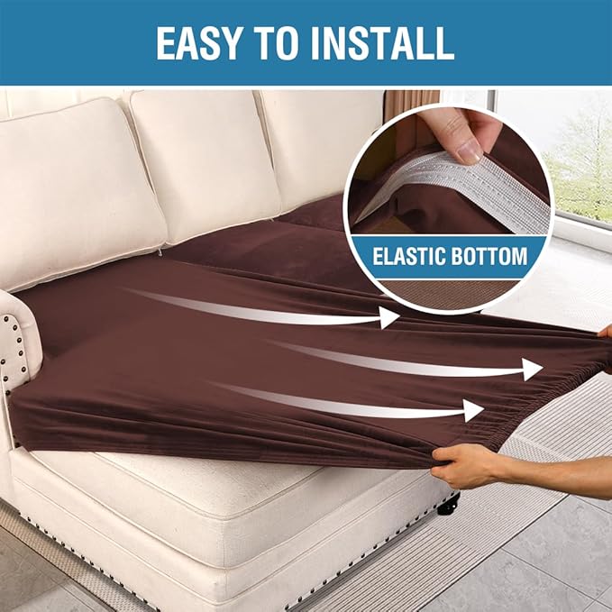 H.VERSAILTEX Velvet Stretch Sectional Couch Covers 3 Pieces Sofa Seat Cushion Covers L Shape Separate Cushion Couch Cover for Both Left/Right Sectional Couch (Large Sofa 2 Seater + 1 Chaise, Brown)-Ruum Studio Home