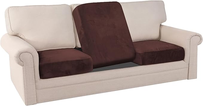 PrinceDeco Velvet Sofa Cushion Covers, Stretch Couch Cushion Covers for Individual Seat Couch Slipcover Sets Furniture Protector for Loveseat Sofa Cushion(Each Width Up to 29.5", Brown)-Ruum Studio Home