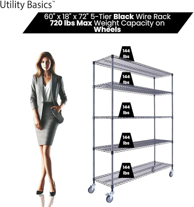 60"x18"x72" Black 5-Tier Premium Wire Shelving NSF 4000 LBS MAX Capacity Heavy Duty Steel Storage Rack for Warehouses, Garages, Hospitals, Commercial Spaces, & Schools w/Premium Wheels-Ruum Studio Home
