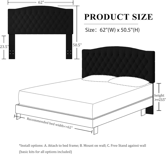 Velvet Upholstered Headboard Queen/Full Size Latest Model Wall Mount, Bed Frame Mount, Featuring High-Density Sponge Padding, Luxury Texture Easy Assembly Comfort and Style-Black-Ruum Studio Home