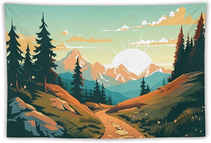 HZOHNAGO Mountain Tapestry Forest Mountain Sunrise Road Pattern Printed Wall Tapestry Wall Hanging for Bedroom Living Room Dorm 90" W x 60" H-Ruum Studio Home