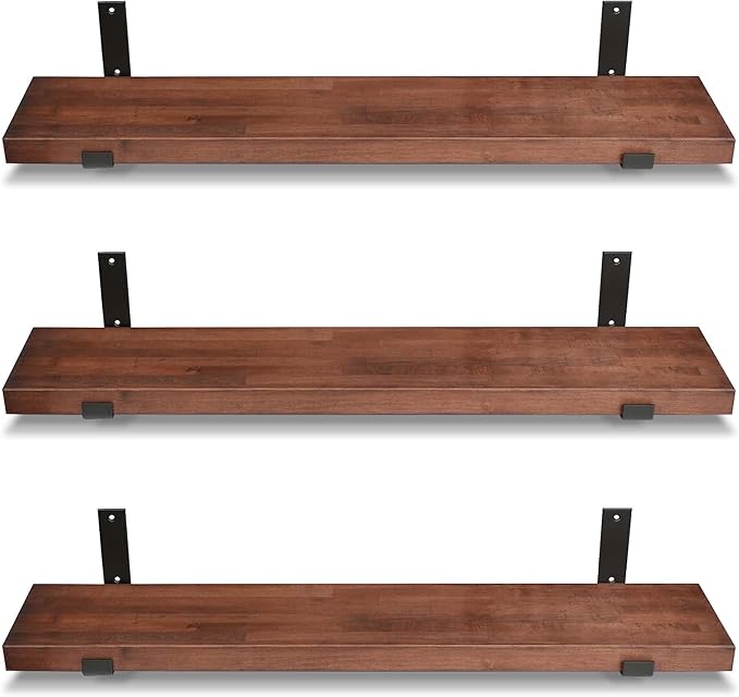 CONSDAN Floating Shelves for Wall Mounted Book Shelf Hanging Shelves Floating Bookshelf for Bedroom, Bathroom, Living Room, Kitchen USA Grown Solid Hardwood, Dark Maple 30x7.5x1.5 in (Set of 3)-Ruum Studio Home