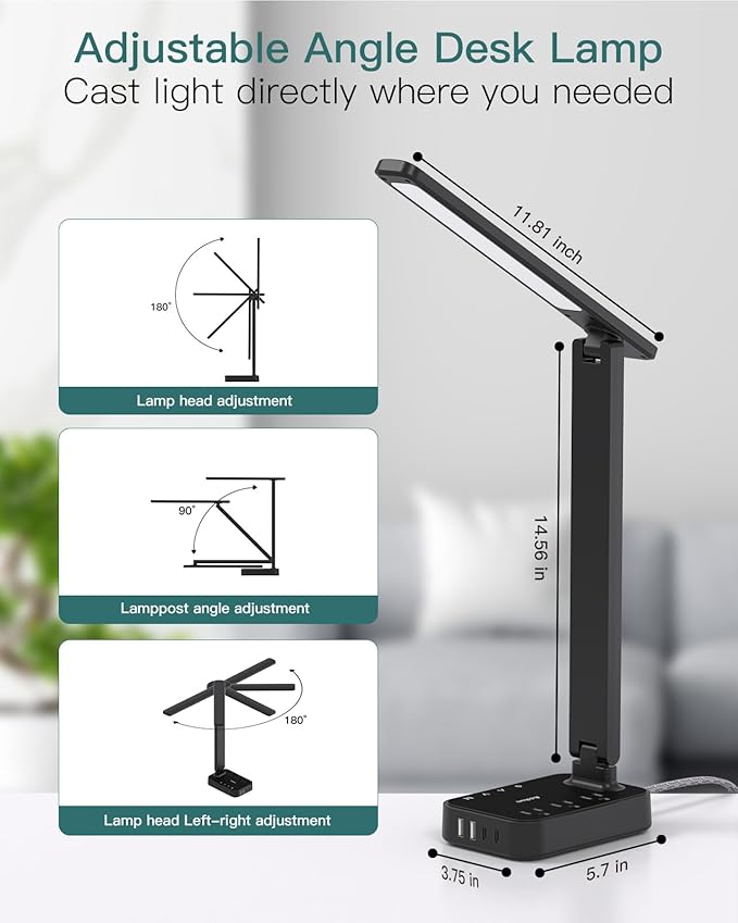 Addtam LED Desk Lamp, Power Strip with 3 Outlets 4 USB Charging Ports(2 USBC), 4 Modes 5 Level Brightness Touch Lamp, Small Desk Lamp for Home Office College Dorm Room Essentials-Ruum Studio Home
