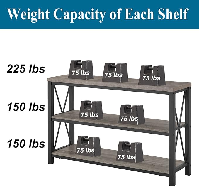 BON AUGURE Rustic Sofa Table Behind Couch, Industrial Console Tables for Entryway, 3 Tier Wood Shelves Entry Table with Storage for Foyer, Hallway, Front Door (47 Inch, Dark Grey Oak)-Ruum Studio Home