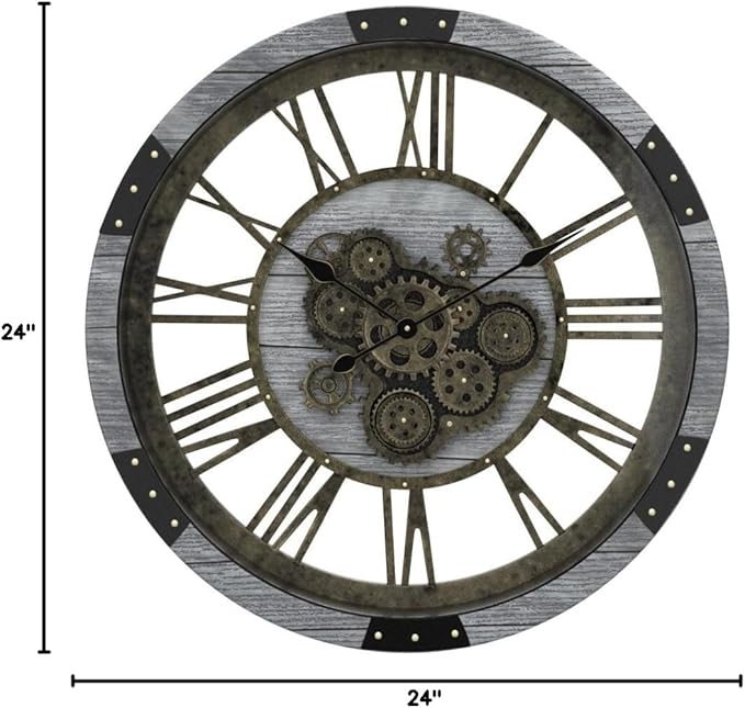 DORBOKER 24" Large Wall Clock with Moving Gears,Oversize Vintage Industrial Rustic Farmhouse Clocks for Living Room Decor Office Home,Solid Wood HD Tempered Glass Cover,Silver Grey-Ruum Studio Home
