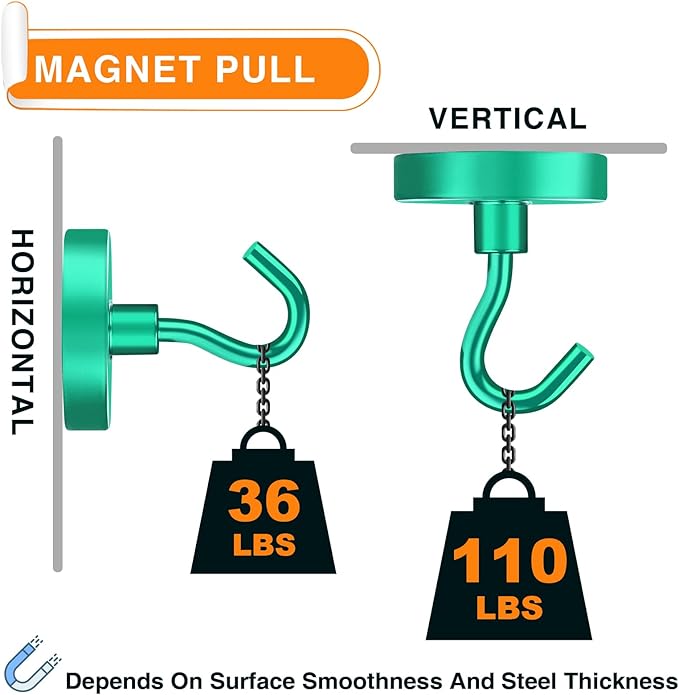 MIKEDE Strong Magnetic Hooks, 110Lbs Heavy Duty Magnetic Hooks for Cruise, Neodymium Earth Magnets with Hooks for Hanging, Super Metal Industrial Magnets for Grill, Storage (Green,10 Pack)-Ruum Studio Home