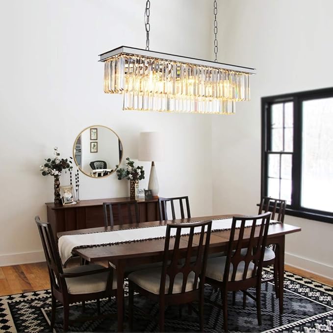 L39.4 Chrome Rectangle Modern Crystal Chandeliers Lighting Rectangular Pendant Ceiling Lights Fixture Lamp for Dining Living Room-Ruum Studio Home