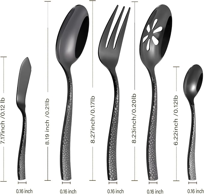 Silverware 45-Piece Black Hammered Flatware Set with Serving Utensils Stainless Steel Thick Handle Mirror Polished Cutlery Set for Wedding Hotel Restaurant, Service for 8-Ruum Studio Home