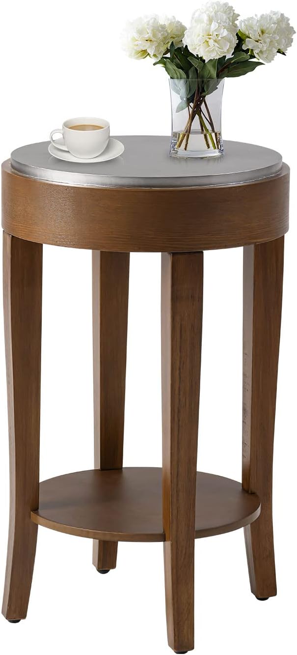 COSIEST Round End Table, 2-Tier Classic Brown Side Table, Farmhouse Wood Accent Table with Storage Shelf for Living Room, Bedroom, Office, Distressed Glaze Finish-Ruum Studio Home