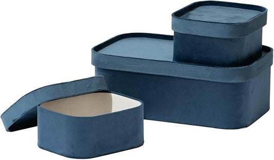 La Jolie Maison Velvet Storage Baskets with Lids, Sturdy Stackable Cardboard Boxes with Decorative Trays, Organizer Bins for Bathroom Bedroom Organizing, Prussian Blue, Set of 3-Ruum Studio Home