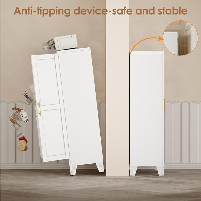 51" Kitchen Pantry Cabinet, Metal Storage Cabinet with 3 Adjustable Layer Shelves, 8 Door Shelves, Buffet Sideboard for Living Room, Kitchen, White-Ruum Studio Home