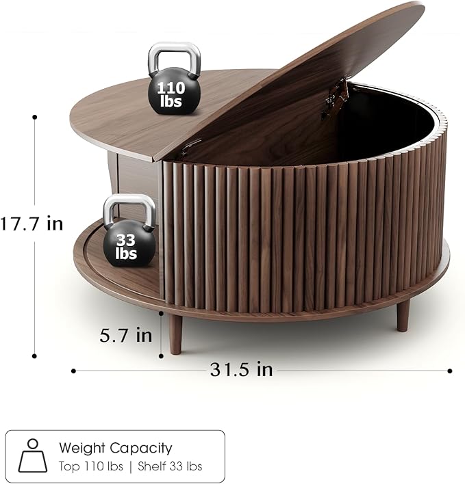 Round Coffee Table with Storage,Fluted Center Table with Sliding Cabinet Door for Living Room,Home Small Space,31.5" Small Center Table,Walnut-Ruum Studio Home