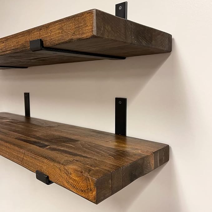 Rustic Shelves with J-Brackets Set of 2, Industrial Shelf, Kitchen Shelves, Solid Wood, Decorative Wall Storage, Heavy Duty, URBANDI (Provincial, 12Wx12D)-Ruum Studio Home