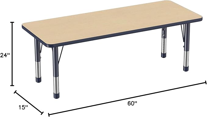 Factory Direct Partners FDP Rectangle Activity School and Classroom Kids Table (24 x 60 inch), Chunky Toddler Legs, Adjustable Height 15-24 inches - Maple Top and Navy Edge-Ruum Studio Home