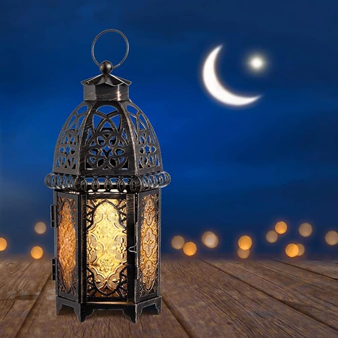 NEEDOMO 12.8'' Moroccan Lanterns Decorative Indoor & Outdoor, Vintage Christmas Candle Holder, Metal Lanterns Decorative, Table, Patio, Porch, Shelf, Christmas Spring Halloween Home Decor (Amber)-Ruum Studio Home
