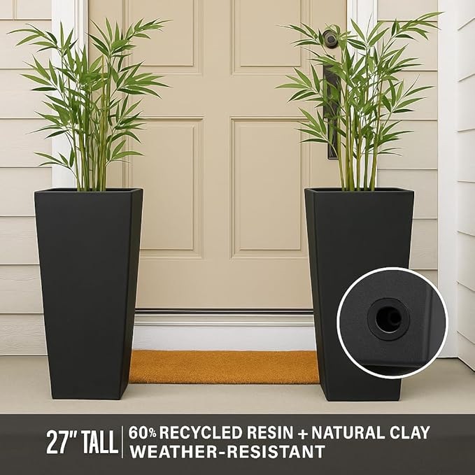 GreenShip 27" Tall Planters, Set of 2 – Black Outdoor Planter for Front Porch & Tall Plants, Weather-Resistant, with Drainage Hole & Rubber Plug (No Plants Included) (Black-2pcs)-Ruum Studio Home