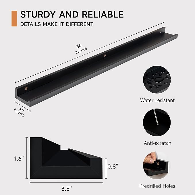 Fun Memories Picture Ledge Shelf, 36 Inch Floating Shelves Set of 2, Nursery Book Shelves for Toys Storage, Kids Bookshelf Wall Mounted for Wall Decor Books Photo Frames, Black-Ruum Studio Home