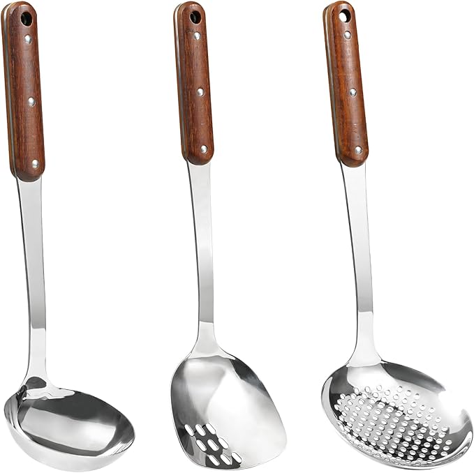 FJNATINH Stainless Steel Wok Spatula,Ladle,Skimmer Ladle Tool Set,Mirror Polished Cooking Utensils with Wooden Handle,Easy to Clean Wok Accessories,Sliver 3 PCS-Ruum Studio Home