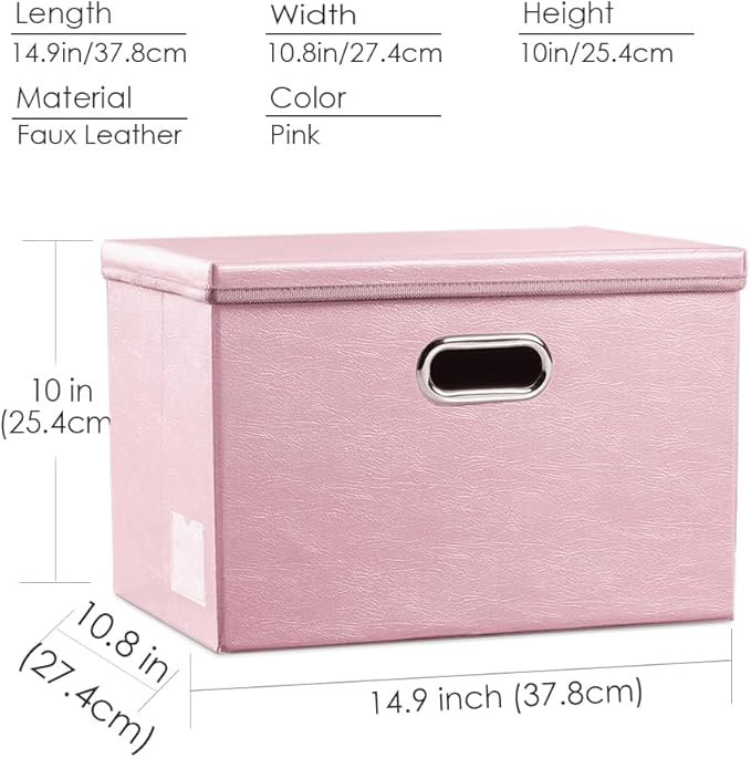 PRANDOM Collapsible Storage Bins with Lids [3-Pack] Leather Fabric Foldable Storage Boxes Organizer Containers Baskets Cube with Cover for Bedroom Closet Office Nursery Pink (14.9x10.8x10)-Ruum Studio Home