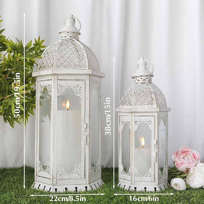 JHY DESIGN Set of 2 Decorative Candle Lanterns 22"&17" H Outdoor Vintage Metal Candle Holder for Garden Living Room Indoor Parties Weddings Patio Home Decor(White with Gold Brush)-Ruum Studio Home