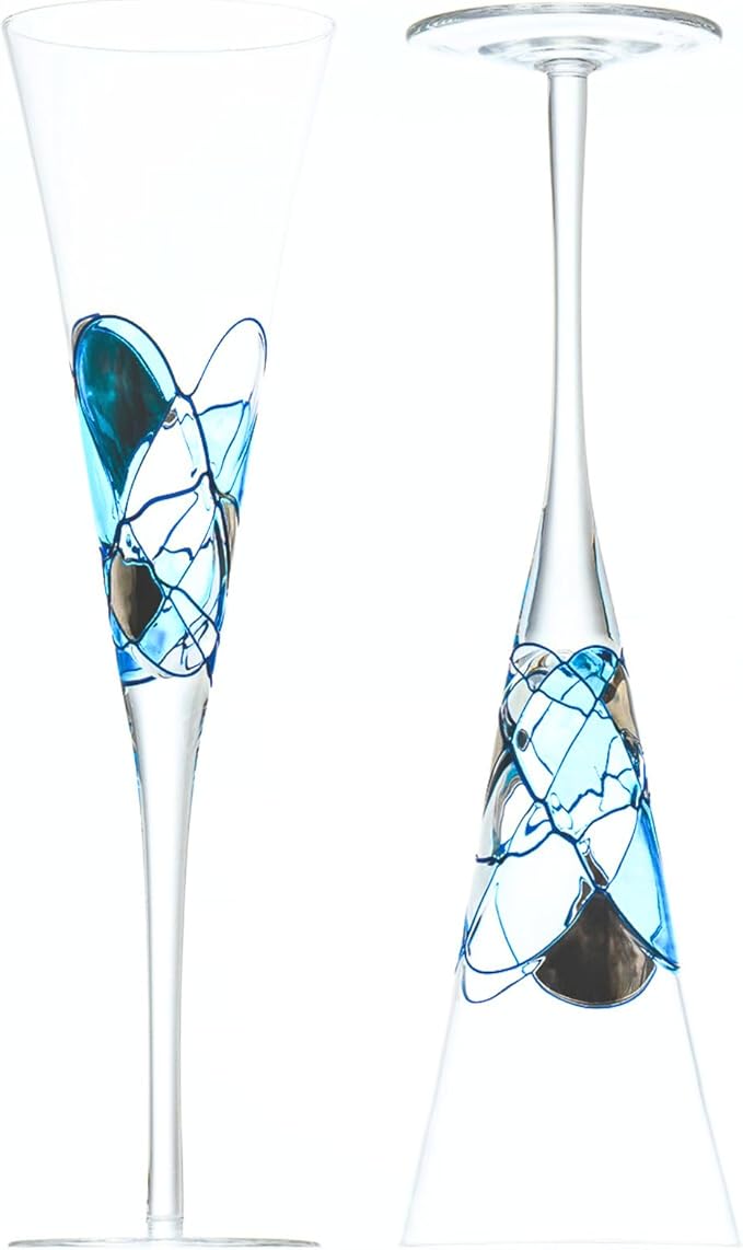 Victoria Barcelona Champagne Flute Set of 2 – 7.5 oz Mouth-Blown Turquoise Sea Glass | Hand-Painted, Gaudí & Murano Inspired | Artistic Unique Gift Ideas for Her or Him-Ruum Studio Home