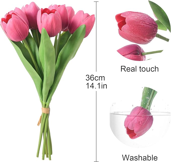 Deep Pink Artificial Tulips, 2 Bundles 14Pcs, Fake Tulips Artificial Flowers, 2 x 2.4 Inch Large Flower Head Big Tulip, Easter Valentine's Day Mother's Day Home Decoration Flowers-Ruum Studio Home