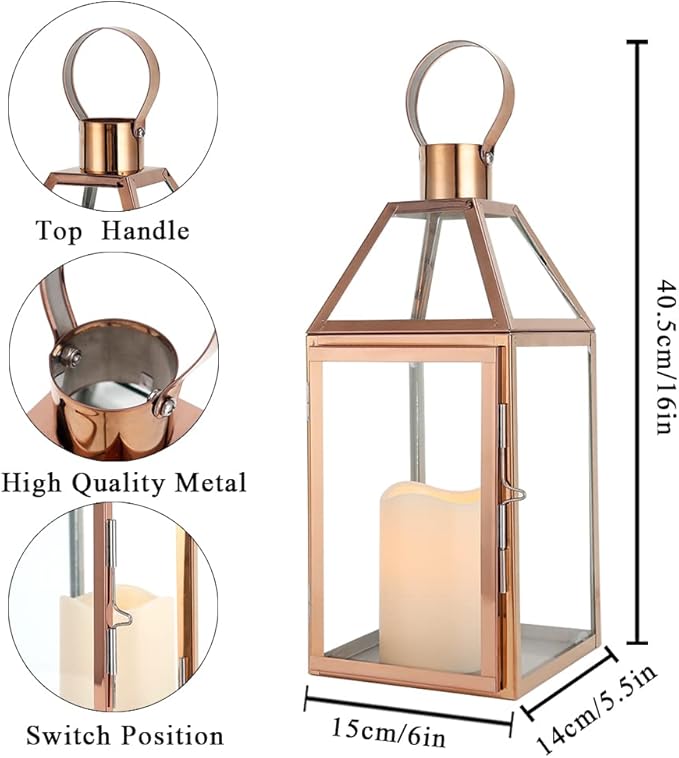JHY Design Rose Gold Decorative Lanterns 16 inch High Stainless Steel Candle Lanterns with Tempered Glass for Indoor Outdoor Events Parities and Weddings-Ruum Studio Home
