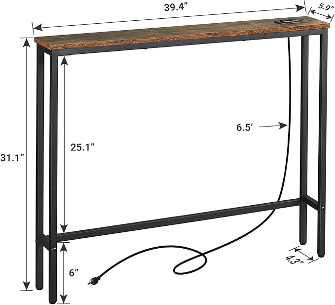 ELYKEN 5.9" Narrow Console Sofa Table with Power Outlets and USB Port, 5.9" Dx39.4 Wx31.1 H Long Behind Couch Table with Metal Frame and 6.5’ Extension Cord, Rustic Brown-Ruum Studio Home