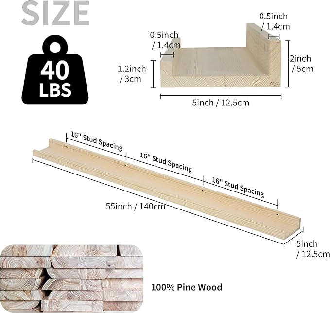 SAUMONIERES Picture Ledge Shelf Floating Book Shelves Set of 2 Wall Mounted Solid Wood for Bedroom Bathroom Living Room Kitchen, 55 Inch Natural-Ruum Studio Home