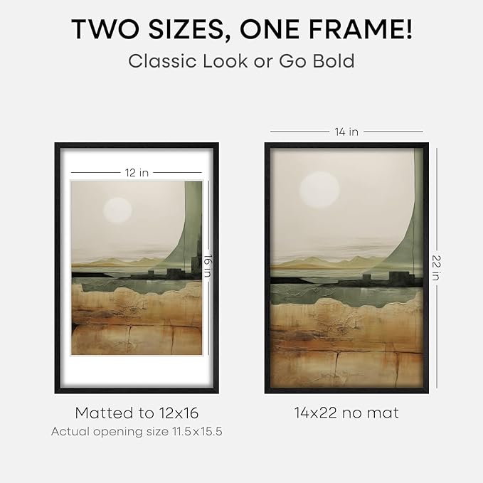 Homeforia 14x22 Frame Black Wood, High End Oak 14x22 Picture Frames with Mat 12x16 Photo, 14 x 22 Wooden Poster Frame Matted to 12 by 16 Print, 22x14 Hanging Frames, Tempered Glass, Wall Kit, Set of 1-Ruum Studio Home