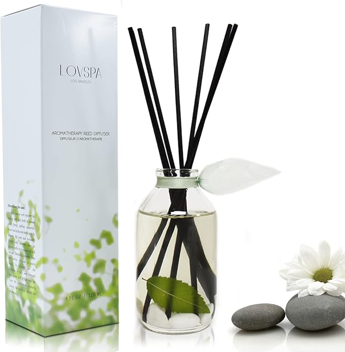 LOVSPA Reed Diffuser Set, Zen White Tea & Ginger Scented Oil Diffuser with Sticks, Home Fragrance Accessories for Bathroom Shelf Decor, Aroma Diffusers for Home or Office Desk, USA Made-Ruum Studio Home
