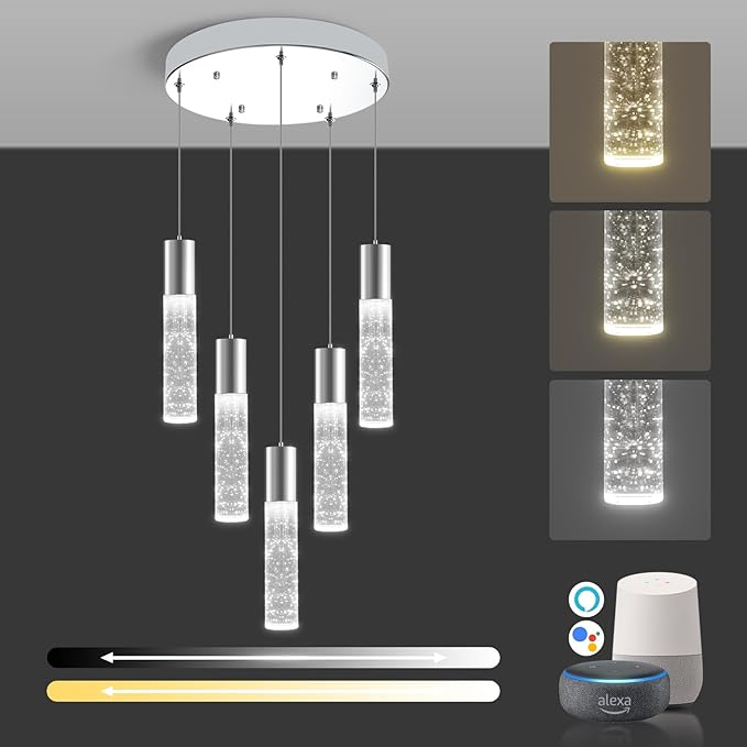 OKELI Smart Dimmable LED 5-Light Pendant Light for Kitchen Island, 18W 1350LM Modern Bubble Crystal Island Light Fixture with TUYA App & Voice Control, Adjustable 3000K-6000K, Electro-Chrome-Ruum Studio Home