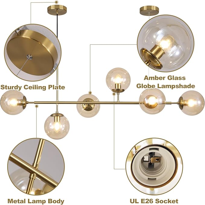 KCO Lighting Globe Linear Chandelier 6 Light Amber Glass Pendant Light Fixture Gold Kitchen Island Lighting Long Brass Sputnik Chandelier Dining Room Light Fixtures Over Table-Ruum Studio Home
