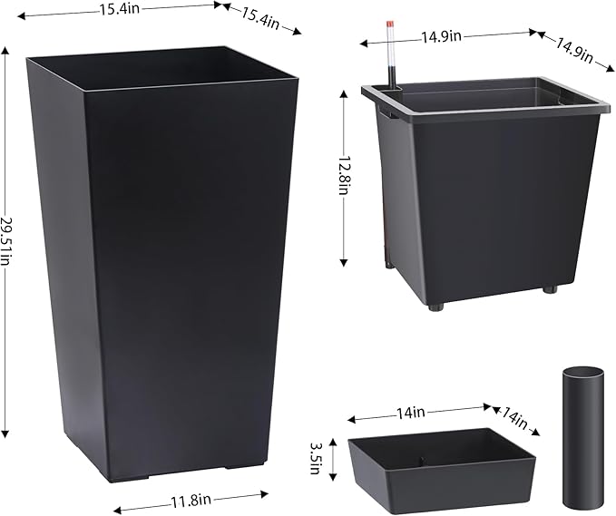 30" Tall Planters Set of 2, Outdoor＆Indoor Black Planter Pots, High Front Porch Planter Pots with Drainage Holes＆Water Level Monitor Movable Wheels ＆Inner Bucket, Automatic Watering,Black-Ruum Studio Home