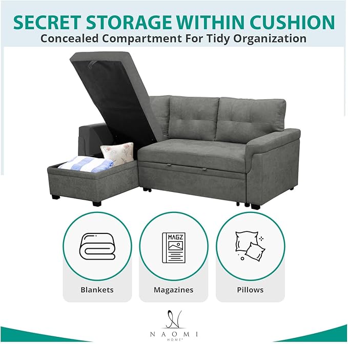 Naomi Home L-Shaped Reversible Sectional Sofa with Pull-Out Sleeper Bed and Storage Chaise, Gray Velvet-Ruum Studio Home