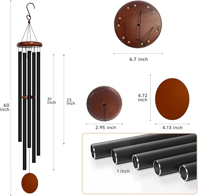 Wind Chimes for Outside Deep Tone, 60 inch 5 Heavy Duty Tubes Aluminium Metal Extra Large Wind Chimes Outdoor, Decoration for Garden, Patio, Yard, Gift for Mother's Day, Birthday-Ruum Studio Home