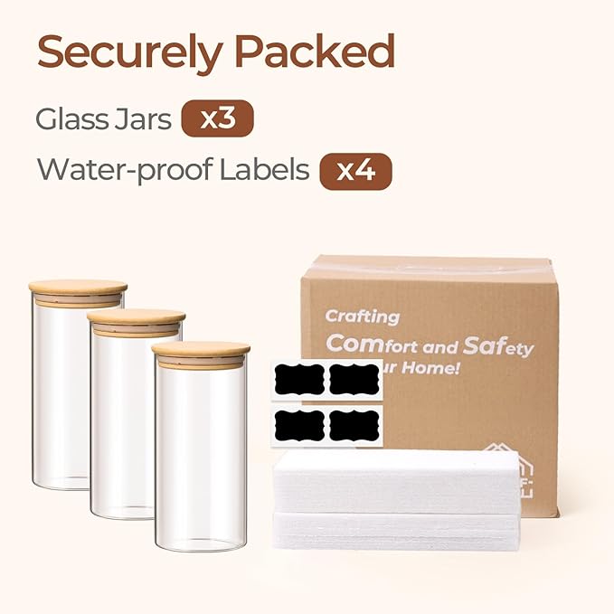 ComSaf Airtight Glass Storage Canister with Wood Lid(1.5 Qt), Set of 3 Glass Jars with Lids, Clear Food Storage Container Jar with Sealing Lids for Dry Food Cereal Oat Sugar Tea Coffee Beans, Round-Ruum Studio Home