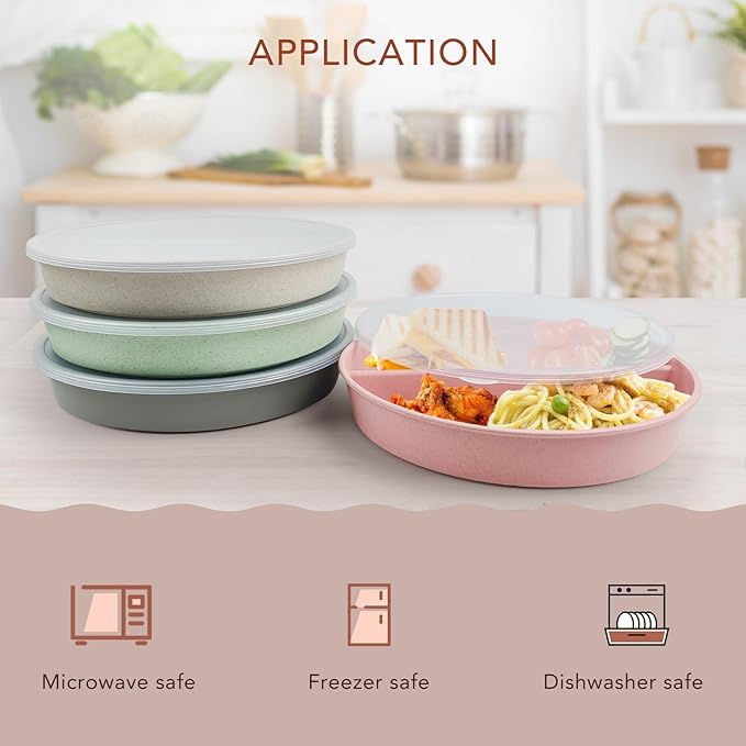 greenandlife 9 Inch 4PCS Divided Plates with Lids, Portion Control Plates for Kids Adults, Dishwasher Microwave Safe Compartment Plate, Unbreakable Lightweight Reusable Wheat Straw Plate Set, INS-Ruum Studio Home