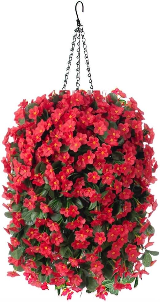 Artificial Fake Red Hanging Flowers Plants Basket for Outdoor Outside Winter Christmas Decor, Faux Silk Look Real UV Resistant Orchid for Fall Porch Garden Yard Patio Home-Ruum Studio Home