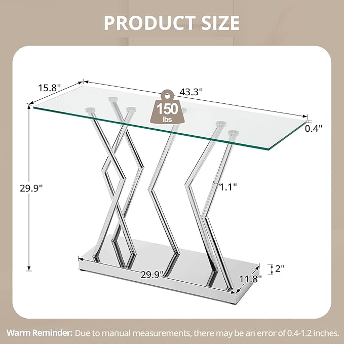 43.3" Glass Modern Console Table, Sturdy Silver Entryway Table with Stainless Steel Base, Rustic Entrance Table, Minimalist Narrow Tables for Living Room & Office-Ruum Studio Home