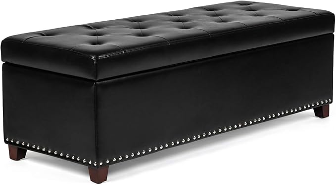 Joveco 47 Inch Storage Ottoman Bench,Tufted Leather Storage Bench with Nailhead Trim for Bedroom (47”,Black)-Ruum Studio Home