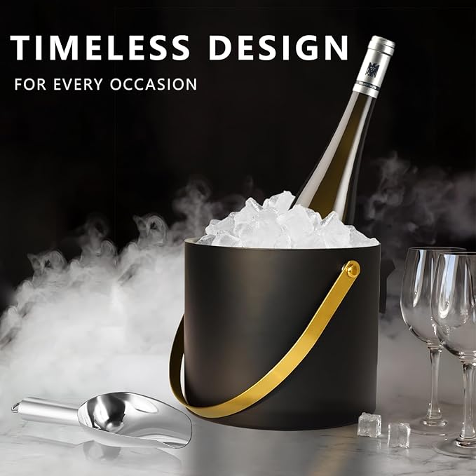 2L Ice Bucket with Silicone Lid, Scoop, Gold Tongs & Strainer, Stainless Steel Double Wall Insulated Ice Buckets for Parties & Cocktail Bar Outdoor Champagne Ice Container Bin, Black-Ruum Studio Home