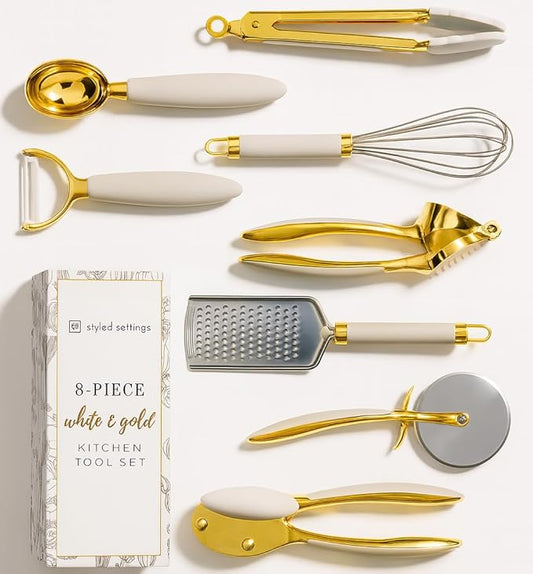 White & Gold Cooking Utensils Set - Luxe 8-Piece Kitchen Gadget Set Includes Can Opener, Tongs and Garlic Press - Stylish White and Gold Kitchen Accessories for Modern Kitchens, Ideal for Gifting-Ruum Studio Home